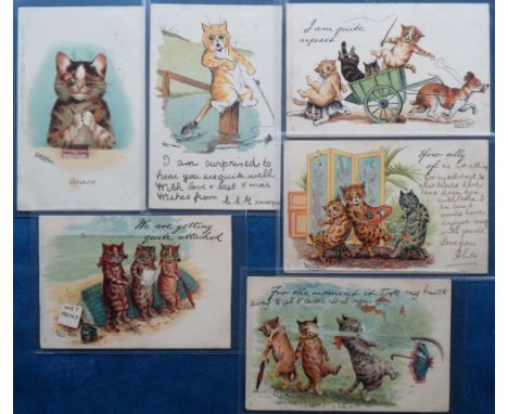 Postcards, Wain, 6 anthropomorphic illustrated cards of cats by Louis Wain inc. 'I am quite upset', 'How silly of ....' (wtf)