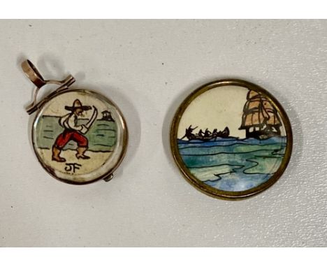 Yeats (Jack B.)  Two tiny ink and watercolour Drawings, circa ½ in. diam., set in oval lapel mounts, one showing sailors in a