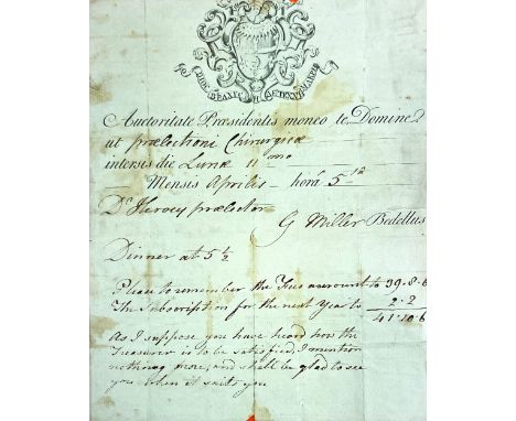 Medical interest:  Manuscript Page, 29cms x 23cms,  printed text in Latin, with MS additions in English.  Invitation to a Dr 