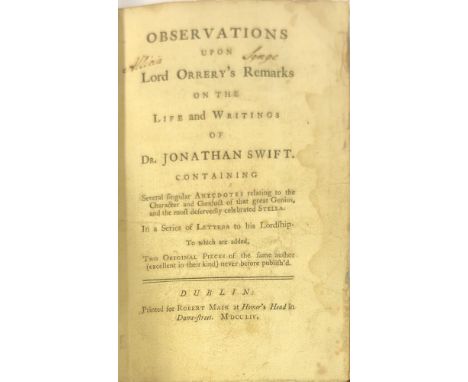Swift - Orrery (John, Earl of,) Remarks on the Life and Writings of Dr. Jonathan Swift, ... In a Series of Letters ... . 8vo 