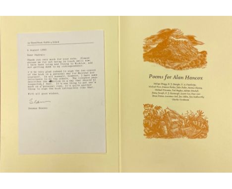 Heaney Declines to SignHeaney (Seamus)  Poems for Alan Hancox.  Whittington Press 1993, qto cloth boards.  Includes Heaney's 