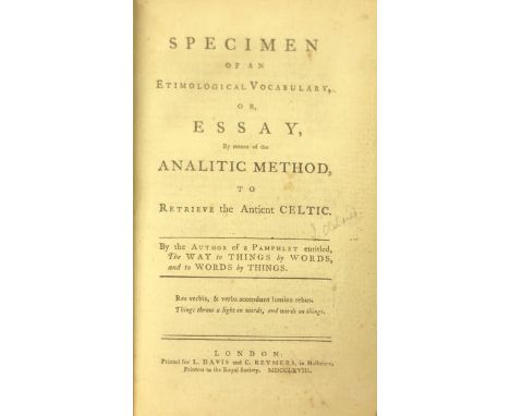 [Cleland (John)] Specimen of an Etiological Vocabulary, or, Essay, By Means of the Analitic Method, to Retrieve the Ancient C