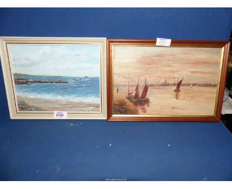 Two framed Oils on board, one depicting boats on a river with city in foreground, the other of a seascape, signed Liz.