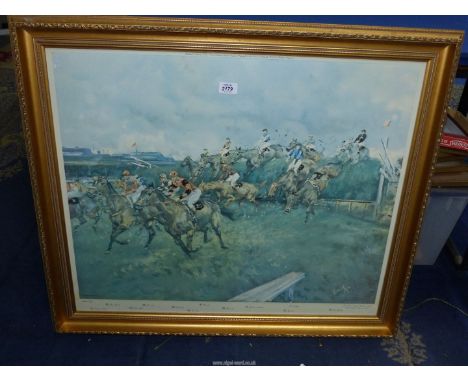 A large horse racing print by Michael Lyne "The First Time Around Becher's Brook Grand, National 1969", names of some of the 