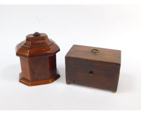 An early 19thC rosewood tea caddy, raised on four brass ball feet, 10cm H. 16cm W, 9.5cm D., together with a George III mahog