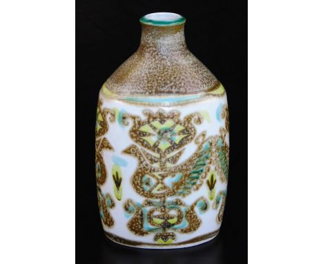 A Royal Copenhagen art pottery bottle vase, decorated with birds and geometric patterns, 18cm high, transfer mark to base, ma