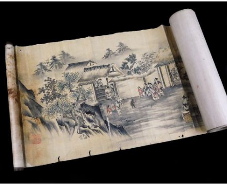 A long Chinese scroll painting with figures, animals, mountains, hills, boats and streams all engaged in rural pursuits, red 