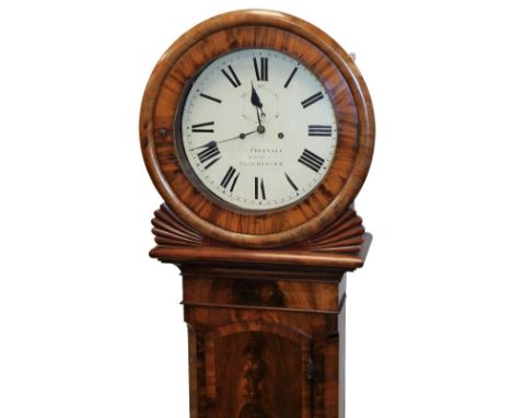 An early Victorian flame mahogany tavern type drop dial wall clock, with circular bezel and moulded insert hood, full length 