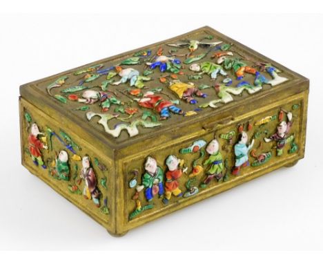 A Chinese polychrome enamel decorated gilt brass box, with lining, 13cm wide.