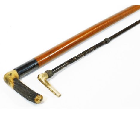 A Victorian malacca sword stick, with antler handle and a riding crop.  (2)