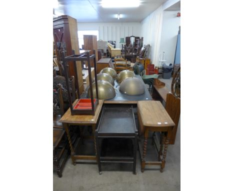 An oak barleytwist gateleg table, occasional table, stick stand and trolley