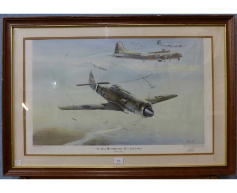 A signed limited edition Keith Hill print, Bloody Hundredth - Hitting Back, 10/250, 40 x 66cms, framed
