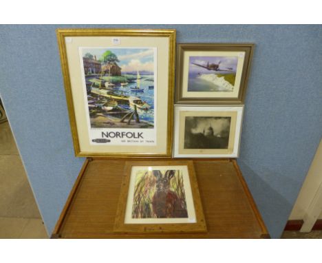 A Coulson print, Off Duty - Lancaster At Rest, a reproduction British Railways advertising print, etc.