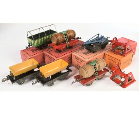 French Hornby O Gauge M Series Goods Rolling Stock consisting of Double Barrel Wine Wagon, Crane Truck, Tarpaulin style Wagon