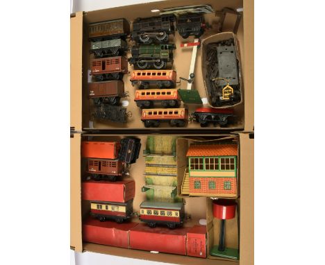 Hornby Tinplate O Gauge Clockwork items - to include No.1 Cattle Truck No.51 Coaches Boxed signal box, Locomotives 50153 &amp