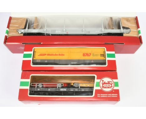 LGB G Scale group of 3x RhB Bogie Wagons to include Ref. 40920 Grey Type Rp-W Stake Car, Ref. 40594 Auto-Transport with 2 Spo