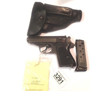 German WWII period Walther PPK 7.65 caliber semi automatic pistol, numbered 376155K, with EU deactivation certificate and lea