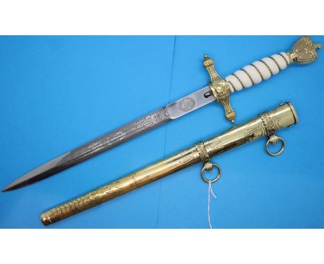 German WWII reproduction kriegsmarine officers dagger, the steel blade marked to E Bonsmann, Solingen, pushy button release f