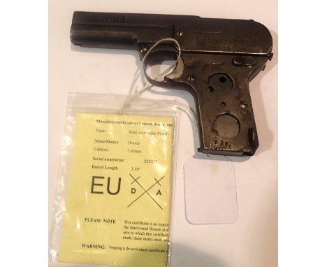 Dreyse 7.65 calibre semi automatic pistol numbered 5257, with EU deactivation certificate, lacking one grip. P&amp;P Group 2 
