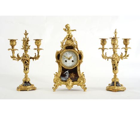 An Ormolou & Limoge Enamel French Clock Garniture c1880 - H35cm