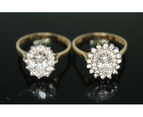 Two hallmarked 14ct gold CZ cluster rings, gross wt. 7g, size R.  