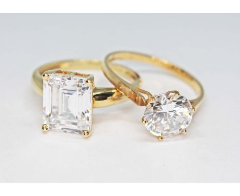 Two hallmarked 14ct gold CZ solitaire rings, gross wt. 6.9g, size R.  