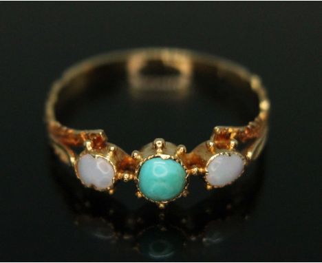 An antique precious opal and turquoise ring, unmarked, gross wt. 1g, size K.  