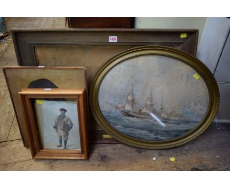 F F English, figures on a path, signed, watercolour, 40 x 60cm: together with a print of HMS Galatea; an Italian oil portrait