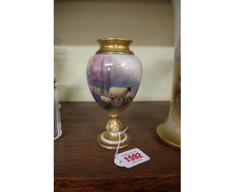 A Royal Worcester pedestal vase, circa 1928, painted with three sheep in a woodland with bluebells, by H Davis, signed, shape