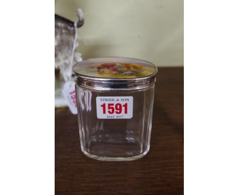 A Royal Worcester and silver mounted clear glass jar, the top painted with two Highland cattle by H. Stinton, signed, 7.5cm w
