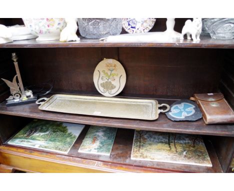 An Art Deco chrome lamp; together with a petit-point needlework panel; an Indian brass tray; an old Kodak camera; and another