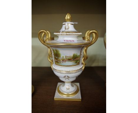 A Royal Worcester twin handled pedestal urn and cover, painted with a panel of cattle watering by a ruin, by H. Davis, signed