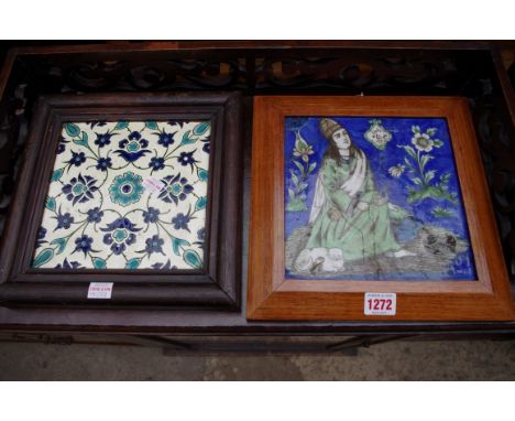 An antique Persian tile, painted with a seated figure, 20cm square, bearing hand written label 'dated by V&A 1640'; together 