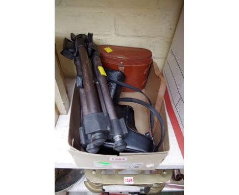 A pair of vintage of Kenbar 8x26 binoculars, cased; together with an Olympus 35mm camera; another camera and tripod. 