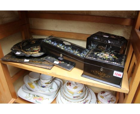 A small quantity of Victorian papier-mache; together with a similar Oriental black lacquer tea caddy. 