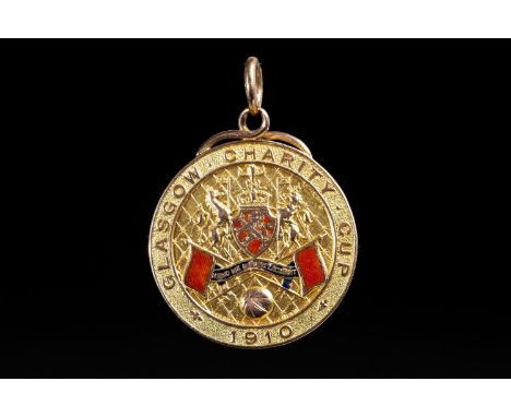 1910 CLYDE FOOTBALL CLUB CHARITY CUP GOLD WINNERS MEDAL, the obverse with an enamelled coat of arms, within a border inscribe