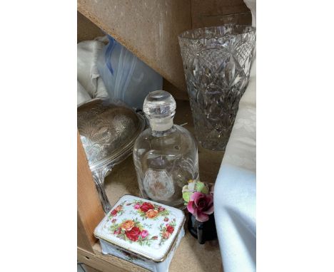 An electroplated muffin dish and cover together with glass vases, decanter, Royal Albert box and cover etc
