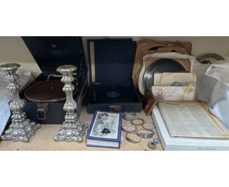 A tabletop gramophone, together with records, electroplated candlesticks, white metal bracelets. WRU first day covers etc