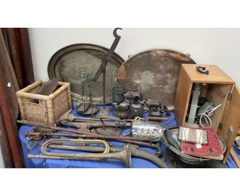 A microscope together with electroplated trays, bugle, curtain poles, scales etc
