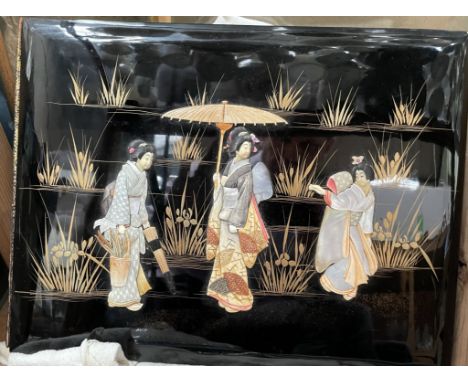 A Japanese lacquered photograph album, depicting three geisha inlaid with mother of pearl, together with a Johnson Bros part 