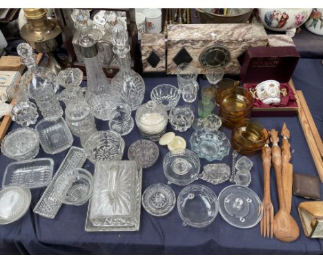 An Art Deco style marble clock garniture together with a tantalus, brass oil lamp, decorative glasswares etc