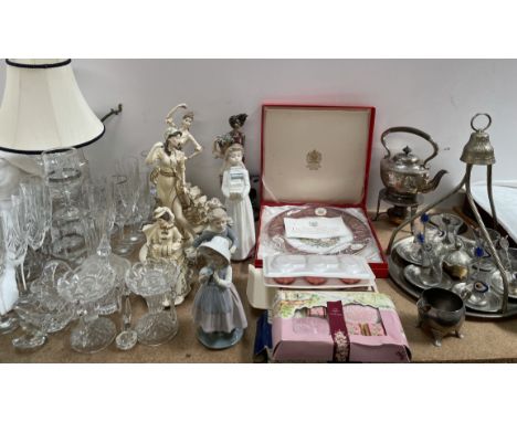 Assorted Nao figures together with other decorative figures, drinking glasses, table lamp, Royal Wedding plate, Avon soaps, e