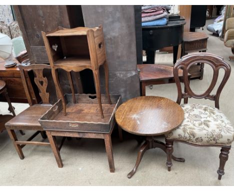A French oak dining chair together with a 19th century oak tripod table, a French walnut side table an oak tray top table and