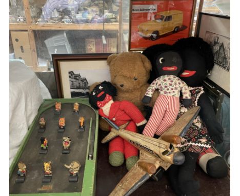 A Mettoy Airways tin plate aeroplane together with a Chad Valley pin ball machine, teddy bears, photographs and prints etc