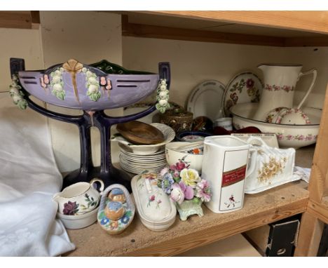 An Eichwald Majolica table centrepiece together with a Johnnie Walker water jug, jug and basin set, Japanese porcelain biscui