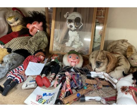 Assorted Pelham puppets together with Sooty and Sweep hand puppets, ventriloquists dummy, prints, etc