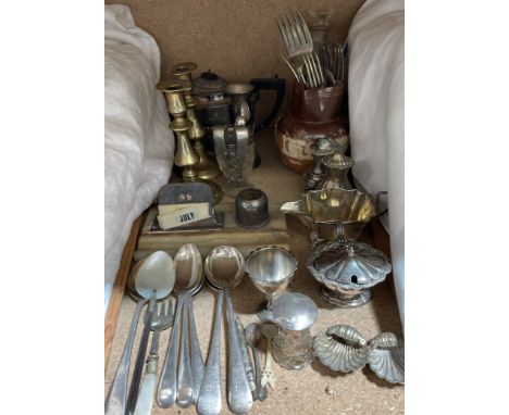 A silver cream jug, together with a silver and marble desk calendar, electroplated flatwares, brass candle sticks, decanter, 