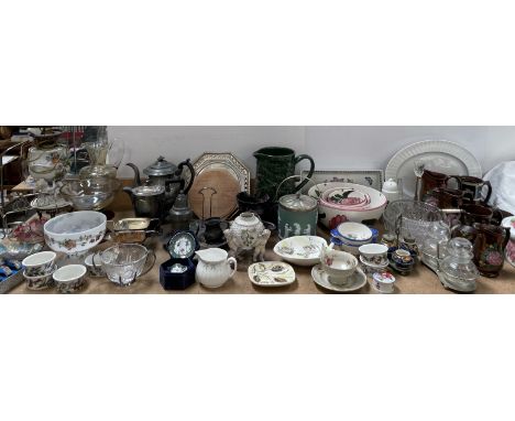 A large lot including Copper lustre jugs together with glass bowls, pottery bowls, Wedgwood biscuit barrel, electroplated par