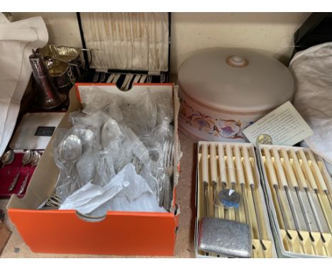 A silver cigarette case, together with electroplated cutlery, caster glass lamp shade etc