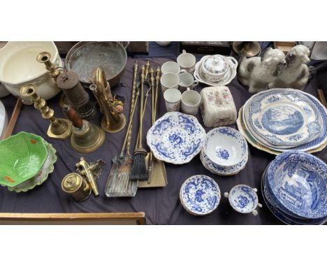 A brass bugle together with brass fire irons, brass candlesticks, brass hand b ell, miners lamp, blue and white part tea set,